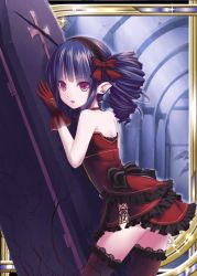 Rule 34 | 1girl, against wall, akkijin, black ribbon, cross, damaged, dress, drill hair, earrings, frilled dress, frills, gloves, gothic lolita, hair ribbon, indoors, jewelry, light rays, lolita fashion, long hair, looking at viewer, looking back, pointy ears, purple hair, red dress, red eyes, red gloves, red ribbon, ribbed dress, ribbon, sarcophagus, shinkai no valkyrie, short dress, smile, stairs, statue, thighhighs, twin drills, twintails, vampire (shinkai no valkyrie)