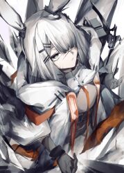 Rule 34 | 1girl, animal ears, ankoro mochi, arknights, coat, ear ornament, frostnova (arknights), gloves, grey eyes, grey gloves, grey hair, grey shirt, hair ornament, hair over one eye, hairclip, highres, looking at viewer, open clothes, open coat, rabbit ears, rabbit girl, scar, scar on face, scar on nose, shirt, solo, white coat