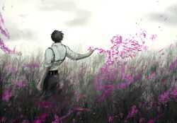 Rule 34 | 1boy, 1girl, catherine (project moon), chanil (muexlku), chest harness, collared shirt, couple, cowboy shot, flower, grass, greyscale, harness, heathcliff (project moon), highres, invisible, limbus company, long sleeves, monochrome, pants, project moon, purple flower, shirt, spot color, tall grass