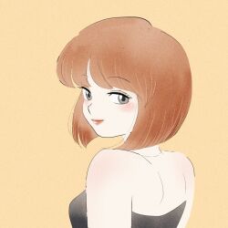 Rule 34 | 1girl, amamorituyuko, bare shoulders, black dress, blunt bangs, blush, bob cut, breasts, brown eyes, brown hair, close-up, closed mouth, commentary, dress, film grain, from behind, from side, hair strand, highres, jewelry, light smile, lips, lipstick, looking at viewer, looking back, makeup, medium breasts, necklace, orange background, portrait, ranma 1/2, red lips, short hair, shoulder blades, sleeveless, sleeveless dress, smile, solo, strapless, strapless dress, tendou nabiki