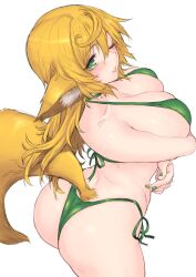 Rule 34 | 1girl, ;d, animal ear fluff, animal ears, ass, bikini, blonde hair, blush, breasts, choker, cleavage, commentary request, cowboy shot, fox ears, fox girl, fox tail, from above, green bikini, green choker, green eyes, green nails, grin, highres, kaori-san (angelo), large breasts, long hair, looking at viewer, looking to the side, one eye closed, open mouth, original, side-tie bikini bottom, simple background, smile, solo, swimsuit, tail, white background, whoosaku