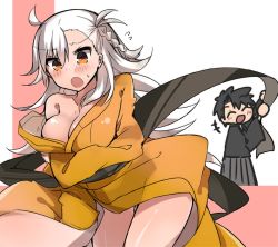 Rule 34 | 1boy, 1girl, :d, :o, ^ ^, ahoge, alternate costume, blush, braid, breasts, cleavage, closed eyes, embarrassed, closed eyes, fate/grand order, fate (series), fujimaru ritsuka (male), japanese clothes, kimono, large breasts, long hair, obi spin, off shoulder, ohitashi netsurou, olga marie animusphere, open mouth, side braid, silver hair, smile, yellow eyes