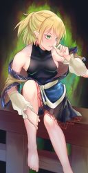 Rule 34 | 1girl, absurdres, arm warmers, aura, barefoot, biting, black shirt, black skirt, blonde hair, breasts, brown jacket, commentary, full body, green eyes, highres, jacket, looking afar, medium breasts, mizuhashi parsee, multicolored clothes, multicolored jacket, pointy ears, puck100ml, sash, shirt, short hair, short ponytail, short sleeves, skirt, solo, thumb biting, touhou, white sash