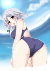 Rule 34 | 1girl, ass, bare shoulders, beach, bent over, blush, braid, breasts, cloud, day, female focus, from behind, grey hair, izayoi sakuya, looking back, masiromu, medium breasts, ocean, one-piece swimsuit, outdoors, red eyes, sky, solo, swimsuit, embodiment of scarlet devil, touhou, twin braids