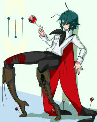 Rule 34 | 1girl, absurdres, antennae, bifrst, boots, cape, green hair, highres, impaled, knee boots, pants, pin, pin (object), pinned, red eyes, short hair, sketch, solo, touhou, wriggle nightbug