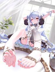 Rule 34 | 1girl, absurdres, anklet, arms up, asymmetrical legwear, barefoot, blue bow, blue bowtie, blue nails, blush, bow, bowtie, cameltoe, close-up, crossed bangs, detached sleeves, dutch angle, eyelashes, feet, foot focus, foreshortening, frilled hairband, frills, gold trim, greek toe, grey thighhighs, hair between eyes, hair bow, hairband, hectyne, highres, jewelry, knees up, legs, long hair, mirror, mismatched legwear, nail polish, no shoes, one eye closed, open mouth, original, panties, plant, potted plant, puffy short sleeves, puffy sleeves, red eyes, reflection, shadow, short sleeves, sidelocks, sitting, soles, solo, spread toes, stretching, thighhighs, toeless footwear, toenail polish, toenails, toes, twintails, underwear, very long hair, white bow, white panties, white thighhighs, window