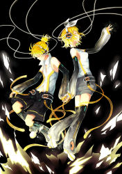 Rule 34 | 1boy, 1girl, absurdres, arm warmers, back-to-back, bad id, bad pixiv id, bare shoulders, blonde hair, brother and sister, detached sleeves, closed eyes, fingerless gloves, gloves, hair ornament, hair ribbon, hairclip, holding hands, headphones, highres, kagamine len, kagamine len (append), kagamine rin, kagamine rin (append), leg warmers, nail polish, navel, ribbon, short hair, shorts, shuon, siblings, twins, vocaloid, vocaloid append