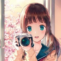 Rule 34 | 1girl, :d, blunt bangs, breasts, brown hair, camera, cherry blossoms, collarbone, eyebrows, green eyes, hiten (hitenkei), holding, holding camera, indoors, long hair, long sleeves, looking at viewer, low twintails, lowres, open mouth, original, plant, round teeth, school uniform, serafuku, shirt, smile, solo, spring (season), tareme, teeth, tree, twintails, upper body, window, yellow shirt