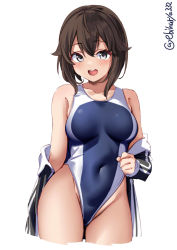 Rule 34 | 1girl, black hair, blue one-piece swimsuit, blush, competition swimsuit, cowboy shot, ebifurya, grey eyes, gym shirt, hair between eyes, hayasui (kancolle), highres, jacket, kantai collection, looking at viewer, one-piece swimsuit, open mouth, shirt, short hair, simple background, smile, solo, swimsuit, swimsuit under clothes, track jacket, twitter username, two-tone swimsuit, white background, white one-piece swimsuit