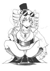 Rule 34 | 1girl, blush, boots, bow, bracelet, breasts, cigarette, drill hair, earrings, eyewear on head, full body, greyscale, hair bow, hat, hat bow, highres, himajin noizu, holding, holding cigarette, jewelry, large breasts, long sleeves, monochrome, necklace, panties, pantyshot, ring, simple background, smoking, solo, squatting, sunglasses, top hat, touhou, twin drills, underwear, white background, yorigami jo&#039;on
