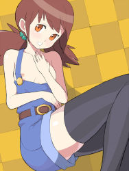 Rule 34 | 1girl, bad id, bad pixiv id, bare shoulders, belt, black thighhighs, blush, breasts, brown hair, checkered background, collarbone, digimon, hair ornament, hand on own chest, hinomoto akari, looking at viewer, lying, momogesomaru, nipple slip, nipples, no bra, open mouth, orange eyes, overalls pull, smile, solo, suspenders, thighhighs, twintails