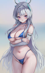 Rule 34 | 1girl, absurdres, alternate costume, arms under breasts, bikini, blue archive, blue bikini, blush, breasts, cleavage, cowboy shot, hair intakes, halo, hashtag-only commentary, headgear, highres, large breasts, long hair, looking at viewer, multicolored background, navel, noa (blue archive), purple eyes, r0 0ong, solo, stomach, sweat, swimsuit, very long hair, white hair, white halo