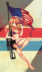 Rule 34 | &#039;murica, 1girl, american flag, american flag bikini, anti-materiel rifle, barefoot, barrett m82, bikini, blonde hair, blue eyes, breasts, burger, cameltoe, cleavage, flag print, food, fourth of july, gun, highres, long hair, looking at viewer, muzzle device, navel, original, patriotism, rifle, scope, sniper rifle, softmode, solo, swimsuit, united states, weapon