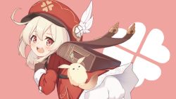 Rule 34 | 1girl, ahoge, backpack, bag, bloomers, dress, feathers, genshin impact, hair between eyes, hat, hat feather, highres, klee (genshin impact), long hair, long sleeves, looking at viewer, looking back, low twintails, red dress, red eyes, red hat, smile, solo, taitan, twintails, underwear, white feathers