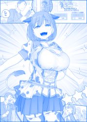 Rule 34 | 1boy, 2girls, animal ears, belt, blue theme, braid, breasts, cleavage, collar, collarbone, cow ears, cow girl, cow horns, cow tail, cowbell, eki, game, garter straps, getsuyoubi no tawawa, highres, horns, large breasts, looking at viewer, monochrome, multiple girls, neck bell, open mouth, phone, pleated skirt, puffy short sleeves, puffy sleeves, shirt, short hair, short sleeves, skirt, smile, sparkle, standing, surprised, sweat, tagme, tail, thighhighs