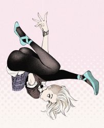 Rule 34 | 1girl, animification, asymmetrical hair, ballet slippers, black pantyhose, blonde hair, eyebrow piercing, gwen stacy, highres, komi shin&#039;ya, limited palette, looking to the side, marvel, necktie, pantyhose, parted lips, piercing, pink background, polka dot, polka dot background, school uniform, silk, skirt, solo, spider-man: into the spider-verse, spider-man (series), spider-verse, spider web, upside-down, web shooter