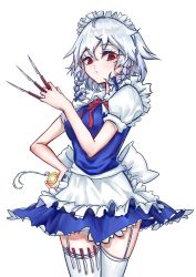 Rule 34 | 1girl, apron, baatiaanshi, between fingers, blue bow, blue dress, bow, braid, breasts, commentary request, dress, eyelashes, frilled apron, frills, garter straps, hair between eyes, hair bow, hand up, holding, holding knife, holding pocket watch, holding weapon, izayoi sakuya, knife, knives between fingers, looking at viewer, maid, maid apron, maid headdress, medium breasts, neck ribbon, pocket watch, puffy short sleeves, puffy sleeves, red eyes, red ribbon, ribbon, shirt, short hair, short sleeves, silver hair, simple background, solo, thighhighs, thighs, touhou, twin braids, waist apron, watch, weapon, white apron, white background, white shirt, white thighhighs, zettai ryouiki