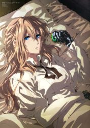 Rule 34 | 1girl, absurdres, bed sheet, blue eyes, brown hair, cleaned, dress, gem, green gemstone, hair intakes, highres, jewelry, long hair, long sleeves, mecha musume, mechanical arms, mechanical hands, official art, on bed, pillow, prosthesis, prosthetic arm, prosthetic hand, red ribbon, ribbon, shirt, single mechanical hand, solo, takase akiko, typewriter, unworn jewelry, violet evergarden, violet evergarden (series), white shirt