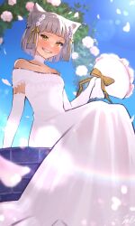 Rule 34 | 1girl, :d, absurdres, animal ear fluff, animal ears, bare shoulders, blunt bangs, bouquet, cat ears, cat girl, dress, elbow gloves, flower, gloves, grey hair, grin, hair flower, hair ornament, highres, holding, holding bouquet, kyosuke1413koba, looking at viewer, nia (xenoblade), off-shoulder dress, off shoulder, open mouth, outdoors, petals, pink flower, short hair, sitting, smile, solo, teeth, wedding dress, white dress, white gloves, xenoblade chronicles (series), xenoblade chronicles 2, yellow eyes