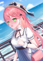 Rule 34 | 1girl, green eyes, hololive, long hair, looking at viewer, open mouth, outdoors, pink hair, sakura miko, smile, solo, white clover (unfy8472)