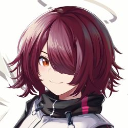 Rule 34 | 1girl, arknights, bad id, bad twitter id, blush, closed mouth, exusiai (arknights), hair over one eye, halo, highres, looking at viewer, orange eyes, penguin4, portrait, purple hair, short hair, simple background, smile, smug, solo, v-shaped eyebrows, white background