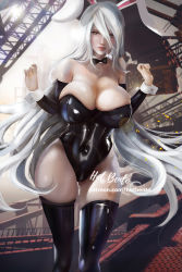 Rule 34 | 1girl, alternate breast size, animal ears, black leotard, black sleeves, black thighhighs, bow, bowtie, breasts, bursting breasts, covered navel, detached collar, detached sleeves, eyelashes, fake animal ears, grey eyes, hotbento, huge breasts, latex, latex legwear, latex leotard, lens flare, leotard, long hair, looking at viewer, mole, mole under mouth, nier (series), nier:automata, patreon username, playboy bunny, rabbit ears, signature, silver hair, skin tight, solo, standing, strapless, strapless leotard, thighhighs, very long hair, w arms, wrist cuffs, a2 (nier:automata)