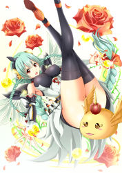 Rule 34 | 1girl, :d, anklet, aqua hair, armor, armored dress, armpits, bare shoulders, black thighhighs, blush stickers, bow, braid, breasts, censored, convenient censoring, covered erect nipples, creature, crown, dress, feathered wings, flower, gauntlets, hair bow, hair ornament, high heels, highres, jewelry, king shynee (p&amp;d), large breasts, legs up, light valkyrie (p&amp;d), long hair, looking at viewer, open mouth, orange eyes, orb, pink flower, pink rose, puzzle &amp; dragons, red bow, red eyes, red flower, red rose, rose, simple background, single braid, sleeveless, sleeveless dress, smile, solo, suwakichi, suwakichi (kinghalo13), thighhighs, twin braids, valkyrie, valkyrie (p&amp;d), white background, wings