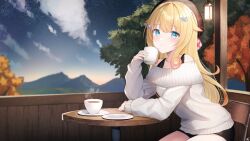 Rule 34 | 1girl, black shorts, blonde hair, blue eyes, commentary, commission, cup, hair ornament, holding, holding cup, idol corp, kurage cc, long hair, looking at viewer, momo otako, off-shoulder sweater, off shoulder, plaid headwear, red headwear, ribbed sweater, short shorts, shorts, sitting, skeb commission, solo, star (symbol), star hair ornament, sweater, symbol-only commentary, virtual youtuber, white sweater