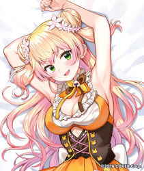 Rule 34 | 1girl, armpits, arms up, bed sheet, blonde hair, blush, bow, breasts, cleavage, commentary, copyright notice, dakimakura (medium), double bun, dress, fang, flower, framed breasts, frilled dress, frills, from above, furrowed brow, gradient hair, green eyes, hair between eyes, hair bun, hair flower, hair ornament, head wreath, hololive, large bow, long hair, looking at viewer, lying, medium breasts, momosuzu nene, multicolored hair, multicolored neckwear, neck ribbon, nervous smile, nishizawa, official art, on back, open mouth, orange dress, pink hair, ribbon, sample watermark, smile, solo, two-tone hair, two side up, underbust, upper body, virtual youtuber, watermark, white bow