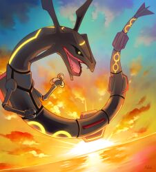 Rule 34 | black sclera, claws, cloud, colored sclera, commentary request, creatures (company), dragon, eastern dragon, fang, game freak, gen 3 pokemon, highres, legendary pokemon, looking down, nintendo, no humans, open mouth, outdoors, pokemon, pokemon (creature), rayquaza, signature, sky, solo, sun, sunset, taketori subalu, twilight, yellow eyes