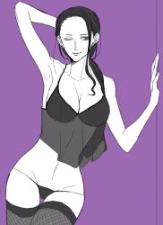 Rule 34 | 1girl, arm up, bra, breasts, cleavage, fishnet thighhighs, fishnets, large breasts, long hair, navel, nico robin, nsgw, one eye closed, one piece, purple background, see-through, smile, solo, thighhighs, thong, underwear