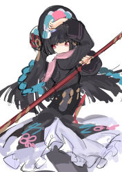Rule 34 | 1girl, 4410 (kanimiso), absurdres, arm up, black dress, black headwear, capelet, dress, frilled sleeves, frills, genshin impact, grey pantyhose, headdress, highres, holding, holding polearm, holding weapon, long sleeves, looking at viewer, pantyhose, pink capelet, polearm, pom pom (clothes), puffy long sleeves, puffy sleeves, red eyes, simple background, sketch, solo, weapon, white background, yun jin (genshin impact)
