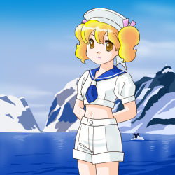 Rule 34 | 1girl, aiuchi akio, apple paradise, arms behind back, asagaoka eriko, bird, blonde hair, dixie cup hat, hat, ice, midriff, military hat, navel, penguin, sailor, sailor collar, sailor hat, short hair, short twintails, shorts, solo, twintails, water