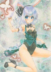 Rule 34 | 1girl, absurdres, animal ears, black footwear, black hairband, black leotard, blue eyes, breasts, bug, butterfly, cleavage, closed mouth, commentary, covered navel, full body, ghost, green vest, grey hair, hairband, high heels, highres, insect, konpaku youmu, konpaku youmu (ghost), leotard, looking at viewer, marker (medium), medium breasts, playboy bunny, rabbit ears, rano (u rano), short hair, solo, touhou, traditional media, vest