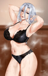 Rule 34 | 1girl, armpits, arms up, black bra, black panties, blurry, blurry background, bra, braid, braided ponytail, breasts, collarbone, commentary, cowboy shot, dripping, easonx, english commentary, flying sweatdrops, grey eyes, grey hair, highres, jujutsu kaisen, large breasts, long hair, mei mei (jujutsu kaisen), mixed-language commentary, navel, panties, parted lips, solo, steam, steaming body, stomach, sweat, underwear, very long hair, very sweaty