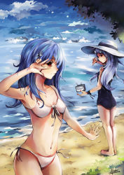 Rule 34 | 10s, 2girls, ahoge, altoris (scee), aqua hair, barefoot, beach, bikini, bili girl 22, bili girl 33, bilibili, blue hair, cloud, day, face, front-tie top, hair ornament, hat, highres, kiraboshi (star driver), leaf, long hair, multiple girls, ocean, one-piece swimsuit, outdoors, outstretched hand, red eyes, school swimsuit, shore, side-tie bikini bottom, signature, sky, star driver, straw hat, swimsuit, television, v, v over eye, water, white one-piece swimsuit