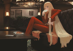 Rule 34 | 1girl, absurdres, black eyes, blonde hair, blunt bangs, cake, cake slice, cellphone, chandelier, commentary, couch, crop top, crossed legs, cup, food, highres, holding, holding cup, indoors, k1llg, lamp, long hair, long sleeves, looking away, midriff, on couch, original, pants, phone, picture frame, plate, red pants, red shirt, shirt, sitting, smartphone, solo, table, teacup, very long hair