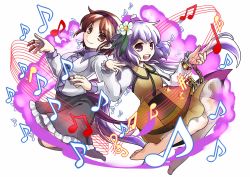 Rule 34 | 2girls, absurdres, barefoot, beamed quavers, biwa lute, brown eyes, brown hair, crotchet, dress, flower, full body, hair flower, hair ornament, hairband, highres, instrument, long hair, long sleeves, looking at viewer, low twintails, lute (instrument), multiple girls, music, musical note, open mouth, playing instrument, purple eyes, purple hair, quaver, shirt, short hair, skirt, smile, socha, touhou, tsukumo benben, tsukumo yatsuhashi, twintails, white background