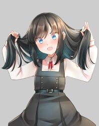Rule 34 | 1girl, asashio (kancolle), asashio kai ni (kancolle), black hair, blue eyes, buttons, collared shirt, comah, commentary request, dress, grey background, hair between eyes, hair focus, highres, holding, holding own hair, kantai collection, long hair, long sleeves, looking at viewer, neck ribbon, open mouth, pinafore dress, pleated dress, red ribbon, ribbon, school uniform, shirt, sleeveless, sleeveless dress, solo, upper body, white shirt