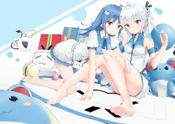 Rule 34 | 2girls, ?, absurdres, all fours, barefoot, bili girl 22, bili girl 33, bilibili, blue hair, blue neckwear, blue skirt, blush, breasts, closed mouth, creatures (company), feet, game freak, gen 2 pokemon, gift, hair ornament, highres, long hair, looking at viewer, marill, medium breasts, multiple girls, nintendo, parted lips, pokemon, pokemon (creature), red eyes, short hair, short ponytail, side ponytail, silver hair, sitting, skirt, sleeveless, smile, toes, uniform, yi zhi bai bo