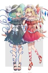 Rule 34 | 2girls, adapted costume, aqua eyes, bare shoulders, blonde hair, border, bow, claw pose, closed mouth, collarbone, commentary request, crystal, dress, flandre scarlet, frilled bow, frills, full body, green dress, green hair, grey background, hair between eyes, hand up, hat, hat bow, heart, heart of string, highres, komeiji koishi, looking at viewer, medium hair, mob cap, multiple girls, nail polish, off-shoulder dress, off shoulder, one side up, outside border, petticoat, re re merry, red bow, red dress, red eyes, red nails, smile, standing, standing on one leg, third eye, toenail polish, toenails, touhou, white border, white bow, white headwear, wings, wrist cuffs