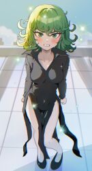 Rule 34 | 1girl, absurdres, black dress, black footwear, blue sky, blush, breasts, clenched hand, clenched teeth, cloud, cm2, collarbone, curly hair, day, dress, flipped hair, full body, green eyes, green hair, highres, looking at viewer, one-punch man, outdoors, short hair, side slit, sky, small breasts, solo, standing, sweat, tatsumaki, teeth, v-neck