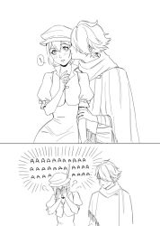 Rule 34 | 1boy, 1girl, blush, dress, embarrassed, greyscale, hair over one eye, hat, hetero, jewelry, kiss, long hair, mella, monochrome, octopath traveler, octopath traveler i, open mouth, scarf, short hair, simple background, smile, therion (octopath traveler), tressa (octopath traveler)