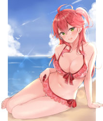 Rule 34 | 1girl, ahoge, alternate costume, bare arms, bare legs, bare shoulders, barefoot, beach, bikini, blue sky, blush, breasts, cherry blossom print, cleavage, cloud, collarbone, commentary request, day, floral print, green eyes, hair ornament, hairclip, halterneck, highres, hololive, jiino, large breasts, long hair, looking at viewer, navel, ocean, one side up, open mouth, outdoors, pink bikini, pink hair, sakura miko, sakura miko (hololive summer 2019), sitting, sky, smile, solo, sunlight, swimsuit, toes, virtual youtuber, x hair ornament, yokozuwari