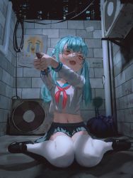 Rule 34 | 1girl, absurdres, air conditioner, aqua hair, breasts, cable, crying emoji, emoji, female focus, foreshortening, full body, glasses, graffiti, highres, holding, holding knife, hsch, imminent suicide, knees together feet apart, knife, long hair, long sleeves, looking at viewer, meme, midriff, miniskirt, navel, neckerchief, night, open mouth, original, outdoors, pleated skirt, round eyewear, sailor collar, school uniform, serafuku, shirt, sitting, skirt, small breasts, solo, teeth, thighhighs, twintails, upper teeth only, wariza, white shirt, white thighhighs, yellow eyes