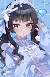 Rule 34 | 1girl, :t, absurdres, black hair, blue background, blue jacket, blunt bangs, blush, center frills, fingernails, frilled hairband, frills, hairband, heart, highres, idolmaster, idolmaster shiny colors, jacket, jersey maid, long sleeves, looking at viewer, maid, mayuzumi fuyuko, nail polish, pixel heart, shu10, solo, track jacket, twintails, unconventional maid, upper body