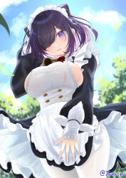 Rule 34 | 1girl, absurdres, apron, azur lane, bell, blush, breasts, buttons, clothes lift, commentary request, day, double-breasted, dress, dress lift, dress tug, embarrassed, frilled apron, frills, from below, hand up, highres, hip focus, jervis (azur lane), large breasts, long sleeves, looking at viewer, looking down, maid headdress, medium hair, nail polish, neck bell, open mouth, outdoors, pantyhose, partial commentary, pink nails, purple eyes, purple hair, sideboob, solo, surprised, thighs, tsuri pi, upskirt, waist apron, white apron, wind, wind lift