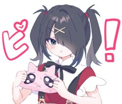 Rule 34 | 1girl, ame-chan (needy girl overdose), black hair, black ribbon, closed mouth, collared shirt, emoji, frown, furrowed brow, hair ornament, hair over one eye, hands up, holding, holding stuffed toy, kabe (zp66104), long hair, looking at viewer, neck ribbon, needy girl overdose, pien cat (needy girl overdose), pleading face emoji, pout, red shirt, ribbon, shirt, simple background, solo, stretching, stuffed animal, stuffed cat, stuffed toy, suspenders, tearing up, translation request, twintails, upper body, white background, x hair ornament