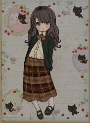 Rule 34 | 1girl, arms behind back, blush stickers, brown hair, brown skirt, buttons, cardigan, collared shirt, expressionless, fear &amp; hunger, fear &amp; hunger 2: termina, full body, green cardigan, grey eyes, highres, kamuu0428, long hair, long skirt, looking at viewer, marina (fear &amp; hunger), mary janes, plaid, plaid skirt, shirt, shoes, skirt, socks, solo, white shirt, white socks