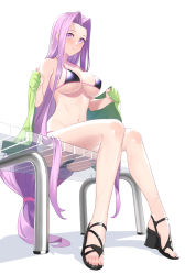 Rule 34 | 1girl, against glass, ass on glass, bare shoulders, bench, bikini, black bikini, black footwear, blush, breasts, cleavage, collarbone, commentary, fate/stay night, fate (series), feet, female focus, forehead, from below, hair intakes, halterneck, knees together feet apart, large breasts, legs, long hair, looking at viewer, low-tied long hair, matching hair/eyes, medusa (fate), medusa (rider) (fate), micro bikini, nail polish, navel, parted bangs, prime, purple eyes, purple hair, sandals, simple background, sitting, solo, square pupils, swimsuit, toenail polish, toenails, toes, underboob, very long hair, white background